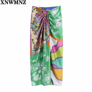 Frauen Vintage Tuch Patchwork Blumendruck Geknotet Sarong Rock Faldas Weibliche Zurück Reißverschluss Chic Schlank high-taille midi rock 210520