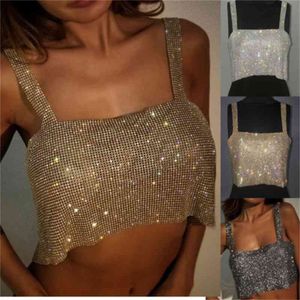 Kırpılmış Gece Kulübü Kadınlar Bayanlar Tanklar Camiş Bling Seksi Sparkly Metal Kristal Metal Chainmail Halter Draped CY200522