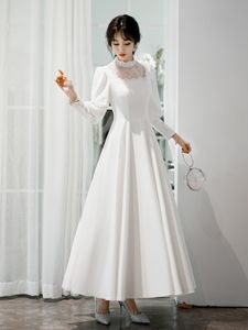 Retro vintage manga comprida simples vestidos de casamento vestidos curto estilo francês nupcial vestido branco branco a linha mangas lanterna feita