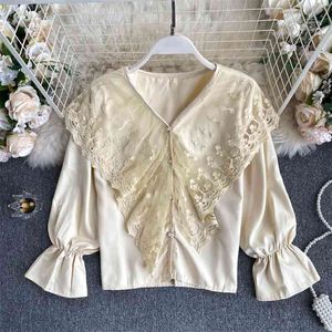 Mulheres Francesa Retro Blusa Corte Estilo V-Neck Malha Lace Ruffles Vento Delicioso Lanterna Lanterna De Autumn Shirt Top Blusa Gk494 210507