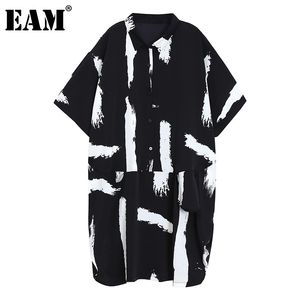[EAM] Kobiety Czarny Drukuj Duży rozmiar Koszula Dress Lapel Neck Krótki Rękaw Loose Fit Fashion Spring Summer 1DD8162 21512