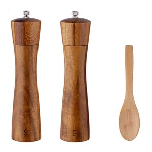 Acacia Wood Salt And Pepper Grinder Set Manual Mill with Spoon Shaker for BBQ 210712