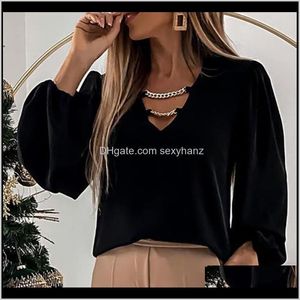 Kläder Apparel Drop Leverans 2021 Elegant V Neck Metal Chain Blouse Toppar Mode Solid Långärmad Damer Skjortor Höst Loose Casual Office