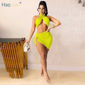 HAOYUAN Sexy Two Piece Summer Outfits Criss-Cross Crop Top Bodycon Bandage Mini Dresses for Women Night Clubwear Matching Sets X0709