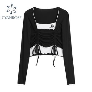 Fashion Fake Two Pieces Long Sleeve T-shirts Women Summer Korean Style Sexy Bandage Slim Simple Trendy Chic Ladies Crop Top 210515
