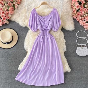 Vintage Purple/Red/White Draped Midi Dress Women Summer Sexy V-Neck Puff Short Sleeve High Waist A-Line Slim Vestidos 2021 New Y0603
