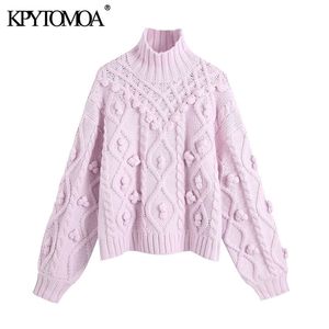 Moda damska z pomponami luźny sweter z dzianiny vintage wysokiej szyi z długim rękawem kobiet swetry eleganckie topy 210416