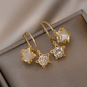 Koreanische neue trendige elegante süße fünfzackige Stern-Anhänger-Bolzen-Ohr-Charme-Dame-Inlay schillernde Diamant-Ohrringe Schmuck Metallkreis ungewöhnliche Geschenke für Frauen Mädchen