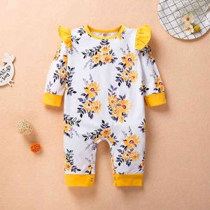 Primavera recém-nascido crianças bebê menina doce floral roupas romper amarelo jumpsuit bodysuit outono outfits g1221