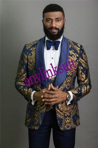 High Quality One Button Black/Navy Blue with Gold Pattern Groom Tuxedos Shawl Lapel Wedding/Prom/Dinner Groomsmen Men Suits Blazer (Jacket+Pants+Vest+Tie) W1374