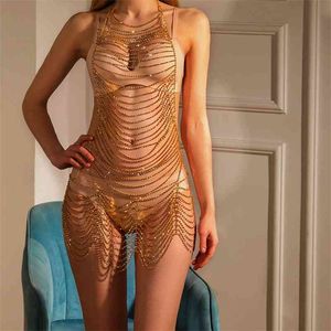 Glaming Shining Rhinestone Bodysuit Dance Underkläder Mesh Net Smycken För Kvinnor Hela Crystal Leotard Body Chain Sexy Bikini