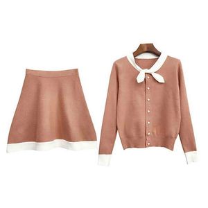 Orange Black Apricot White Patchwork Full Sleeve Women Bow Pearls Button Mini Skirt Knitted Two Pieces Set T0063 210514