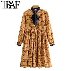 TRAF Women Fashion Polka Dot Pleated Mini Dress Vintage Bow Tie Collar Long Sleeve Female Dresses Vestidos Mujer 210415