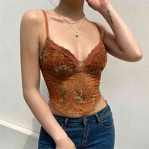 Brown Daisy Printed Y2k Camis Crop Top Women Summer Lace Patched Sexy Corset Spaghetti Strap Patty Shirt Tee Beach Vests 210510