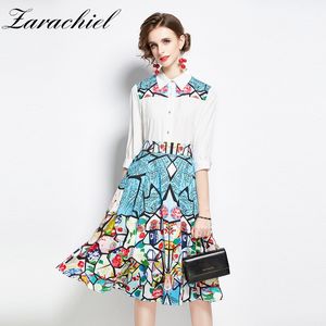 Höst Sweet Flower Print Suit Half Sleeve T-shirt Top + A-Line Midi Skirt Kvinnor 2st Set Tryckt blusar Outfit 210416