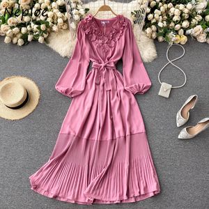 Neploe Elegante Spitze Haken Blume Mehrfarbiges Kleid Frauen Hohe Taille Hüfte Eine Linie Lange Vestido V-ausschnitt Laterne Langarm Robe Frühling 210423