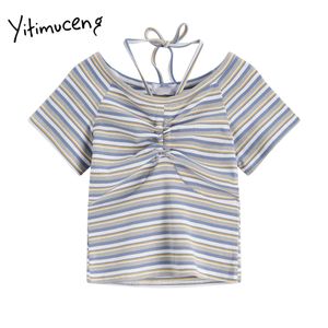Yitimuceng Woman Tshirts Färg Stripes Söt Girly Sommar T-shirt V-Neck Slim Drawstring Tees Fashion Short Clothes Pleated Tops 210601
