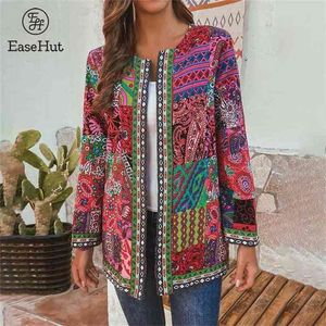 EaseHut Plus Size 5XL 6XL Coat for Women Ethnic Printed Cardigans Autumn Thin Coats Long Sleeve O Neck Casual Loose Outwear 210922