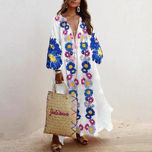 Casual Dresses Spring Elegant Floral Print Tassel Long Party Dress Vintage Lantern Sleeve Ladies Women V Neck Loose