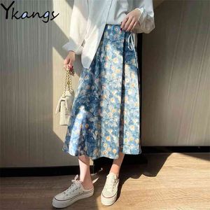 Голубая масляная живопись печать плиссированные юбка женщины винтажные Harajuku высокий талию длинный корейский стиль летняя одежда подростки 210421