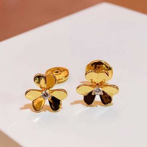 Brand Pure 925 Sterling Silver Jewelry For Women Gold Color Flower Earrings Luck Clover Design Wedding Party Mini Cute Size