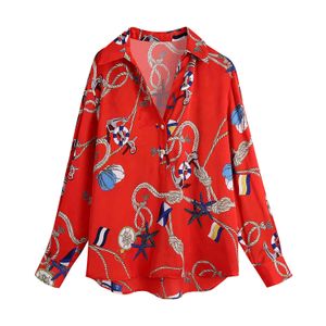 Kvinnor mode tryckta lösa röda blusar vintage långärmad knapp-up kvinnliga skjortor blusas chic toppar 210430