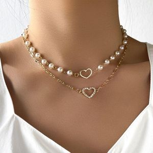 Pendant Necklaces Ladies Double Chain Pearl Necklace Heart Love Charm Jewelry Gift Lady 2022
