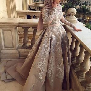 Champagne 3D Floral Muçulmano Noite Formal Vestidos Aso Ebi Manga Longa Luga Lace Frisada Jóia Pescoço Vestido de Recepção de Prom