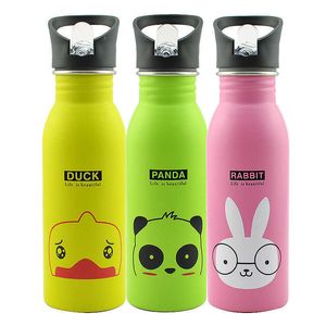 BPA Bezpłatne 500ml Sporty Outdoor My Słomy Butelka Wody Ze Stali Nierdzewnej Cute Animal Pattern Portable Alpinizm Klamra Czajnik 211013