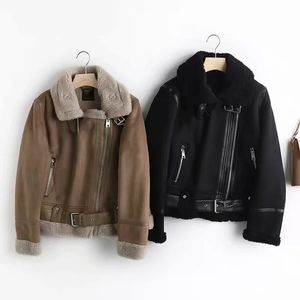 Ly Winter Loose Faux 가죽 모터 outwear 빈티지 코트 새시 캐주얼 따뜻한 탑스 여성 스웨이드 Lambswool Biker Jackets 210526