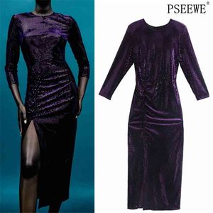 Purple Sequin Party Dress Women Fashion Glitter Backless Sexy Midi es Woman Hem Vent Elegant Christmas 210519