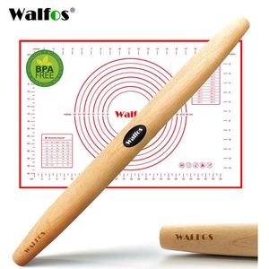 WALFOS French Rolling Pin and Silicone Pastry Mat Set Beech Wood Rolling Pin 18 Inch For Pie Crust Cookie Pasta Pizza Doug 211008