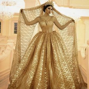 Abiti da sposa arabo Dubai Gold con abiti da sposa con paillettes velo sexy a V Plus size Train Vestitido de Fiesta Boda