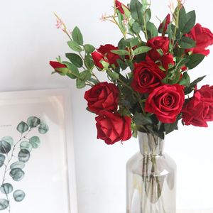 Wholesale red silk rose buds resale online - Artificial Silk Roses Flower Heads Bud With Leaves Long Branch cm Fake Flowers White Red Wedding Home Garden Decoration Decorative