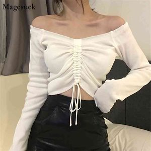 Ankünfte Vintage Weißes Hemd Frauen Slash Neck Kurzes Sexy Crop Top Kordelzug Schulterfrei Langarm Bluse 12064 210512