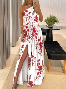 Floral Impressão Maxi Vestido Mulheres Y2K Sexy Recorte Um ombro Slit Slit Evening Beach Party Dress Y1006