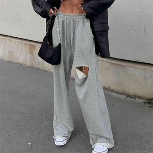 Moda alta cintura suor calça mulheres outono e inverno buraco esfregando calças casuais esportes largamente perna 4 cores 210508