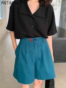 MATAKAWA Summer Korean Fashion Woman Blouse Short-sleeved Suit Shirt High-waist Wide-leg Shorts Suit Ladies Two-piece Set Women 210513