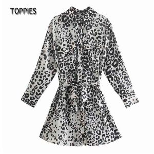 Casual leopardo camisa vestido mulher lace up cinto mini feminino manga longa blusas 210421