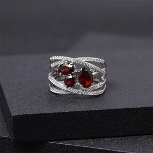 Gem's Ballet 925 Sterling Silver Criss-Cross Gemstone Pierścień 1.87CT Natural Red Garnet Palce Pierścienie Dla Kobiet Ślub Biżuteria 211217