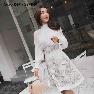 white chiffon blouse and beading embroidery skirt woman casual design two piece sets 210603