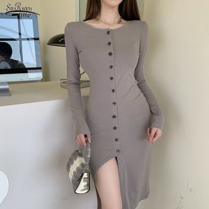 Moda Hırka Kazak Elbise Kadınlar Uzun Kollu Diz Boyu Seksi Katı O Boyun Kış Giyim Robe Femme 13002 210508