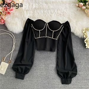 Ezgaga Sexy Blouse Women Rhinestone Slim Spring Fashion Long Sleeve Off Shoulder Clubwear Crop Tops Elegant Shirts Casual 210430