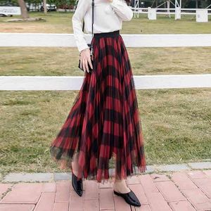 Kobiety Vintage Plaid Wzór Długi Tulle Mesh Casual High Elastyczna Talia A-Line Plisowane Spódnice Kobiet 3 Warstwy Office Spódnica 210416