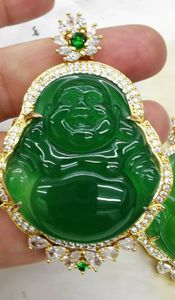 LargeGreen Jade jadeite jewelry Thai Buddha 24k Gold layered CZ Diamonds Stainless Steel Chain Men's Women's Pendant