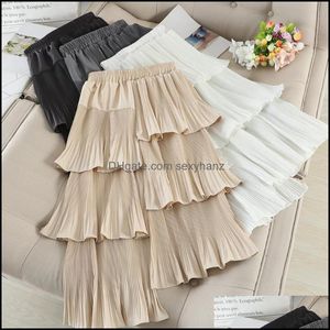 Skirts Womens Clothing Apparel Autumn Irregar Cakee Layered Cotton Blend Long Elastic Waist Pleasted Ruffles Tiered High Low A-Line Drop Del