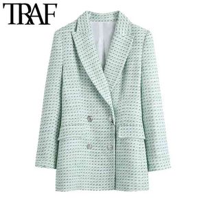 Women Fashion Double Breasted Tweed Check Blazer Coat Vintage Long Sleeve Flap Pockets Female Outerwear Chic Tops 210507