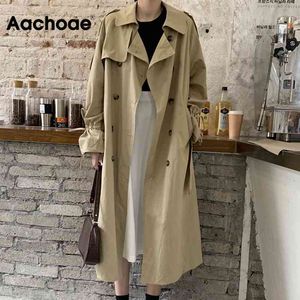 Aachoee outono vintage longo trench casaco mulheres dupla cordão breastsed manga windbreaker casual desligar casacos de senhoras 210413