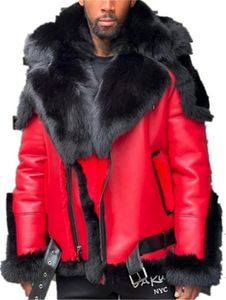 Mens jackor läder vinterjacka förtjockad sammet päls krage hooded dragkedja färgblock patchwork mode röd
