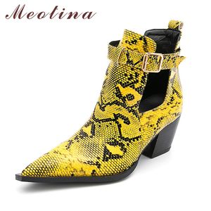 Ankle Boots Women Shoes Snake Print Buckle High Heel Short Pointed Toe Block Heels Ladies Autumn Red Size 45 210517